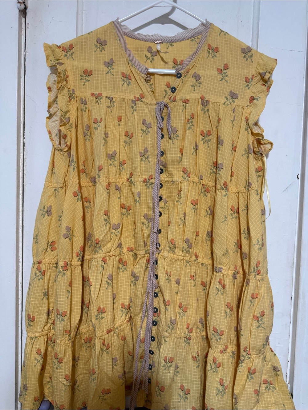 Free People Yellow Floral Ruffle Tie-Front Tunic